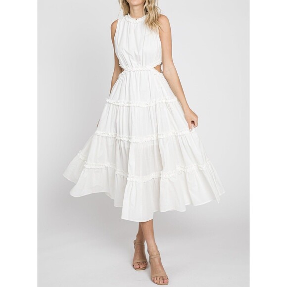 & Merci Dresses & Skirts - &Merci Women’s White Ruffle Tiered Cut-Out Midi Cottage Beach Dress Size Large